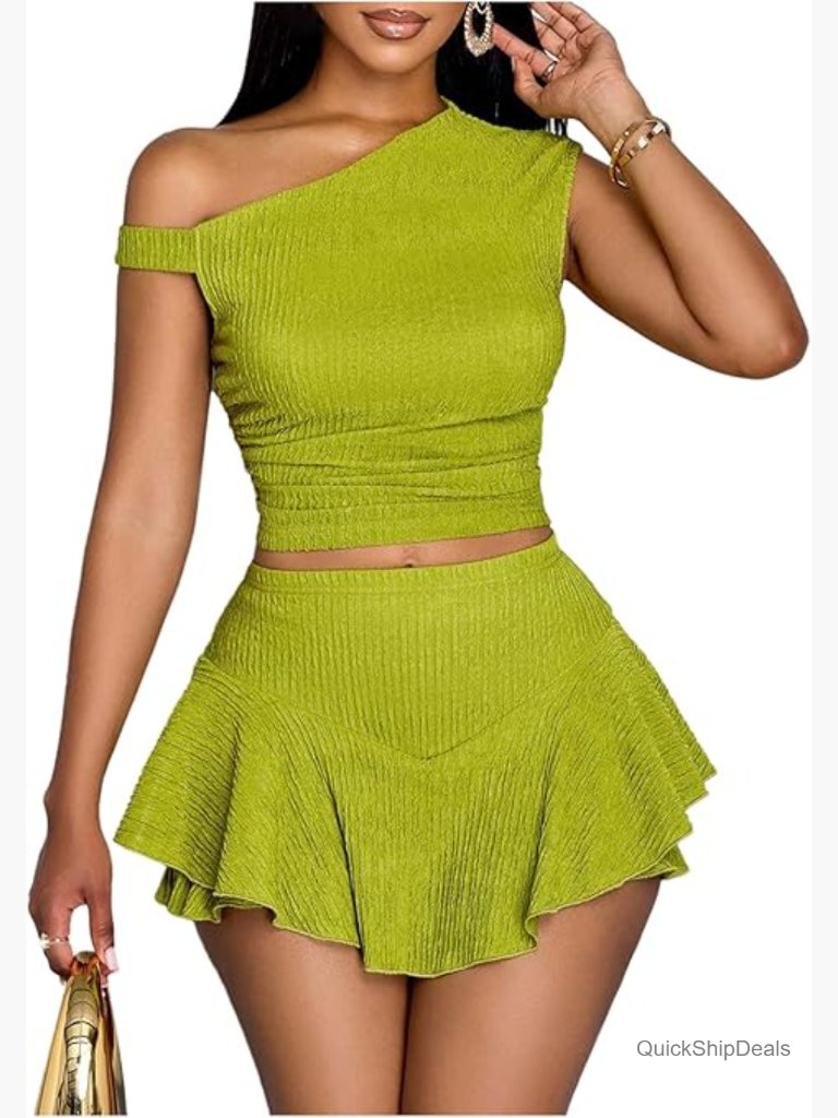 Polyester Blend Two Piece Skirt Set With Crop Top And Ruffle Skort